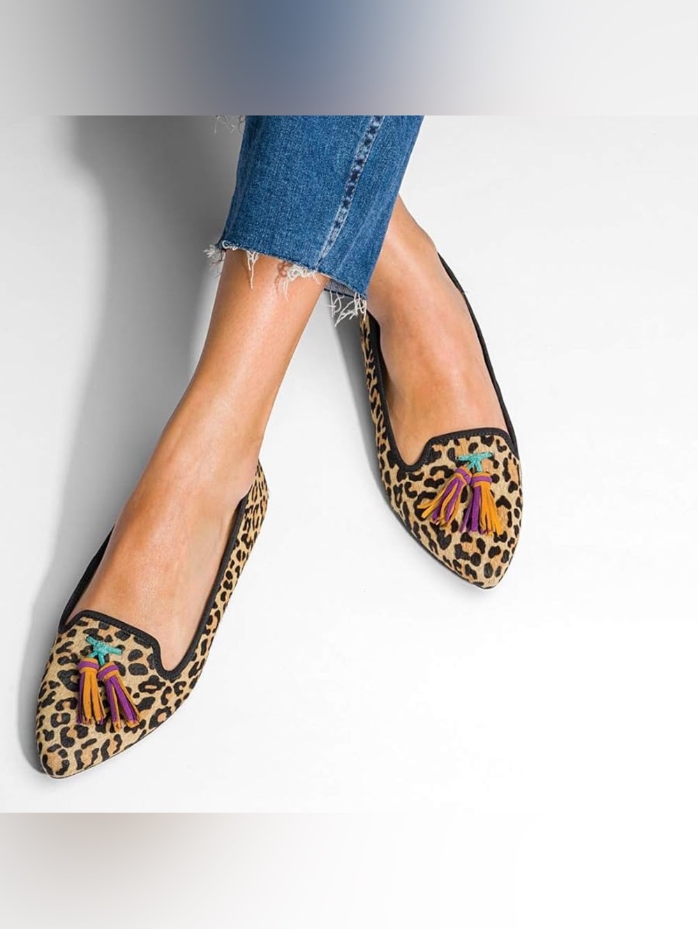 Hush Puppies Leopard Print Pointed Tassel Flats in Beige and Black Sz 9.5
